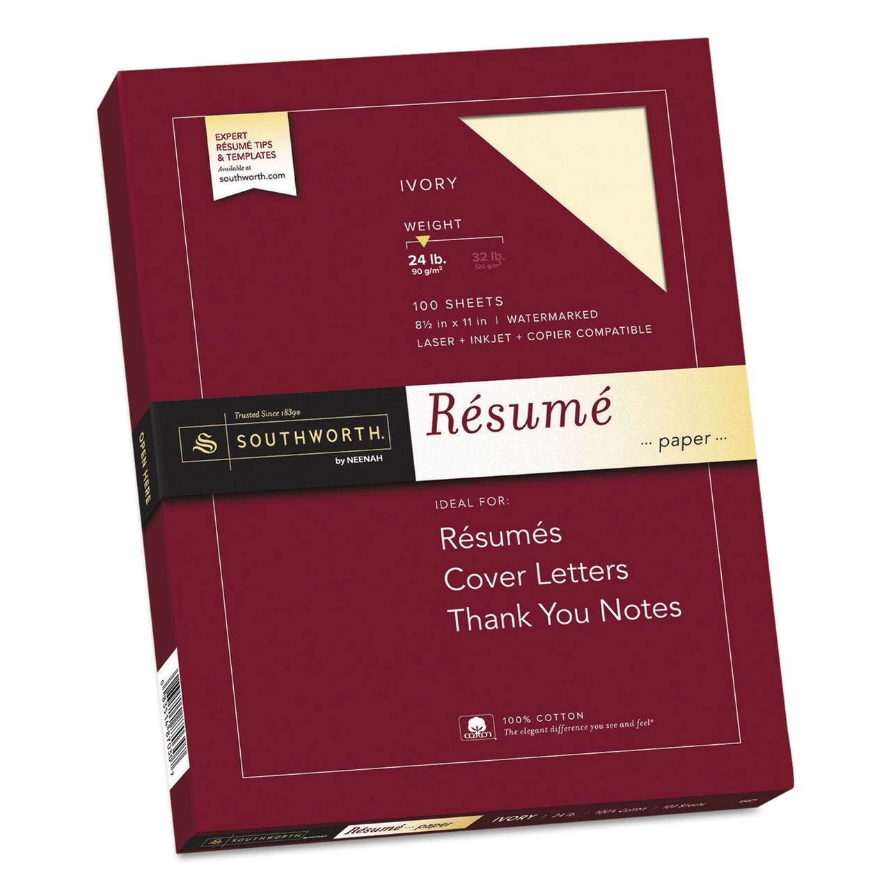 Southworth 100 Cotton Resume Paper 24 lb 8.5 x 11 Ivory 100/Pack